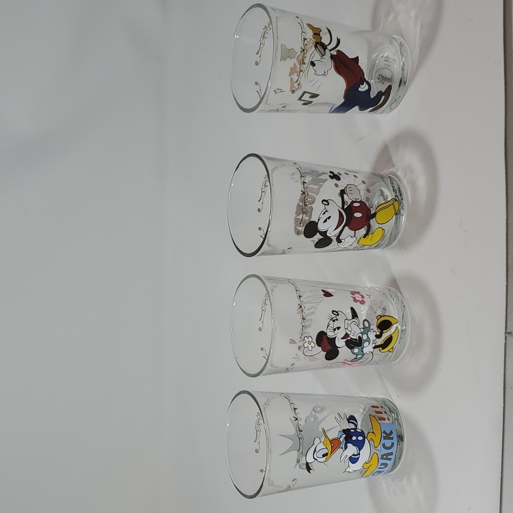 Vintage Walt Disney Mickey, Minnie, Donald and Goofy Glasses. Set of 4